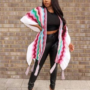 Luxe Plus Size Oversized Chevron Color Block Fringe Ruffle Knit Cape Cover Up